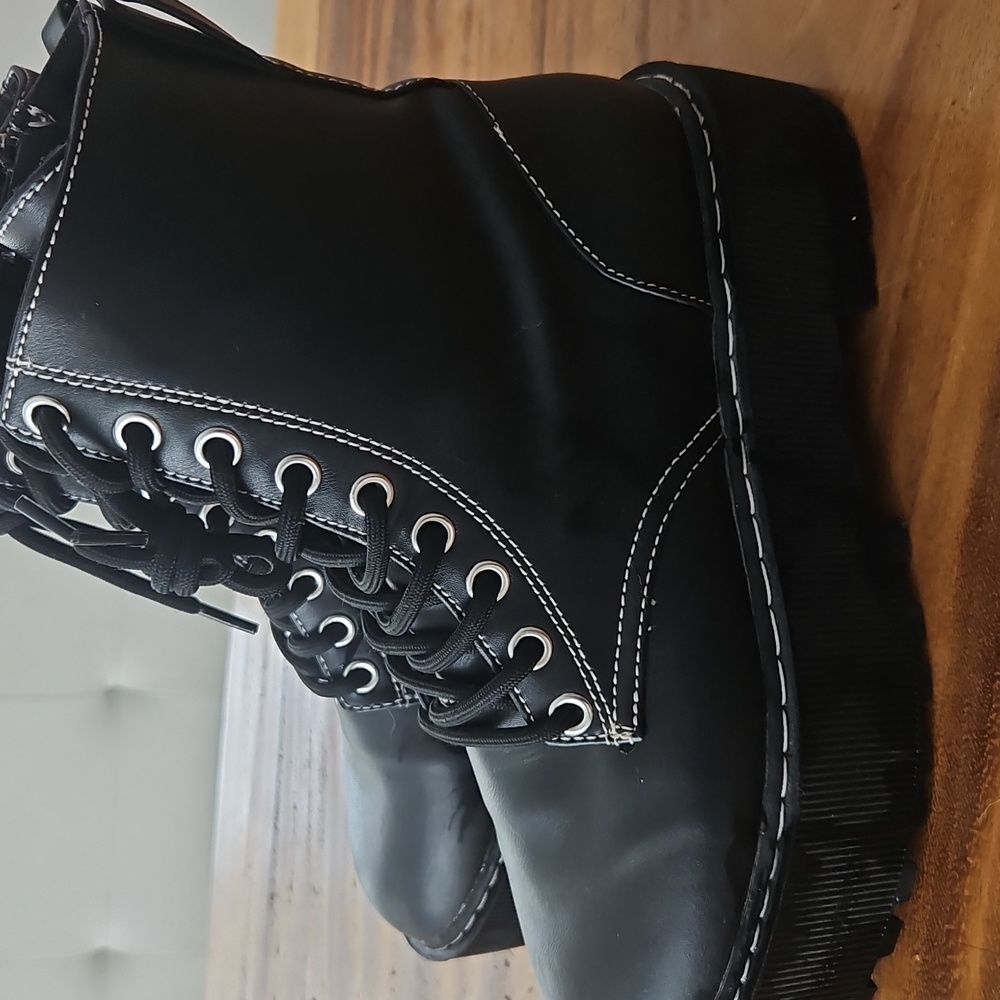 H&M Black Combat Boots with White Stitching